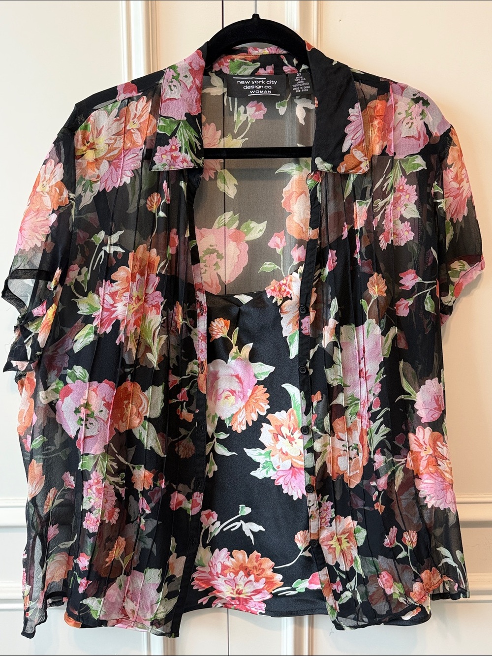 New York City Floral Sheer Black Blouse with Pink & Peach Flowers